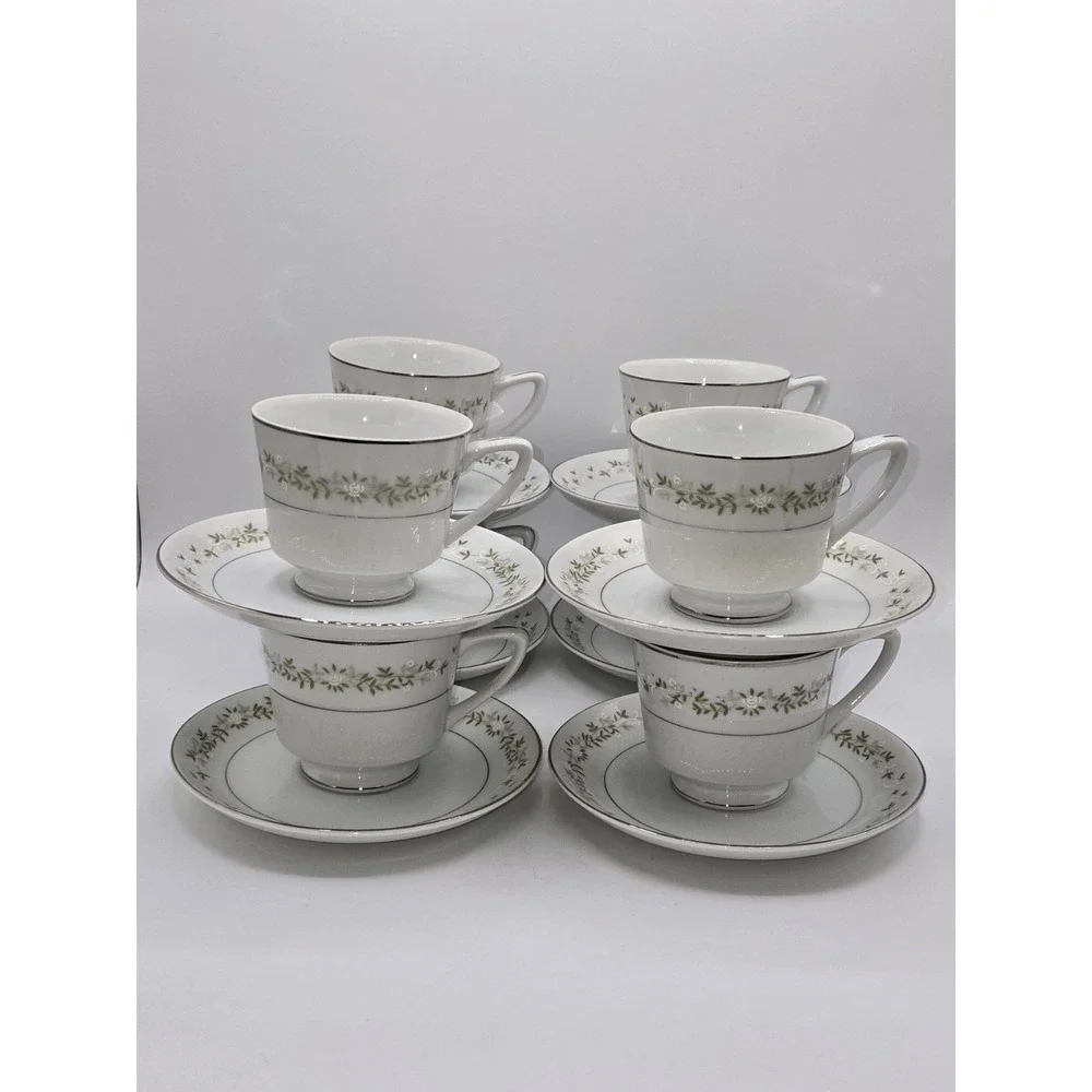 Berkeley House June Bride 6150 Japan 8 Cup & Saucer Sets Fine China Silver Trim